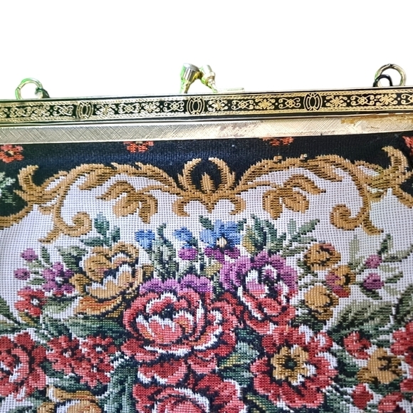 Vintage La Regale Tapestry Black Floral Purse with Silk Lining and Metal Chain - Picture 3 of 6